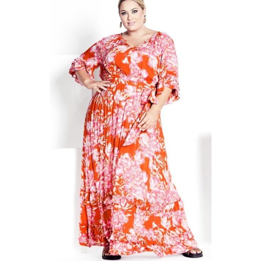 Arna York Maxi‎ Dress Womens 22-24 Coral Floral Lust Worthy Ruffled Euro Summer